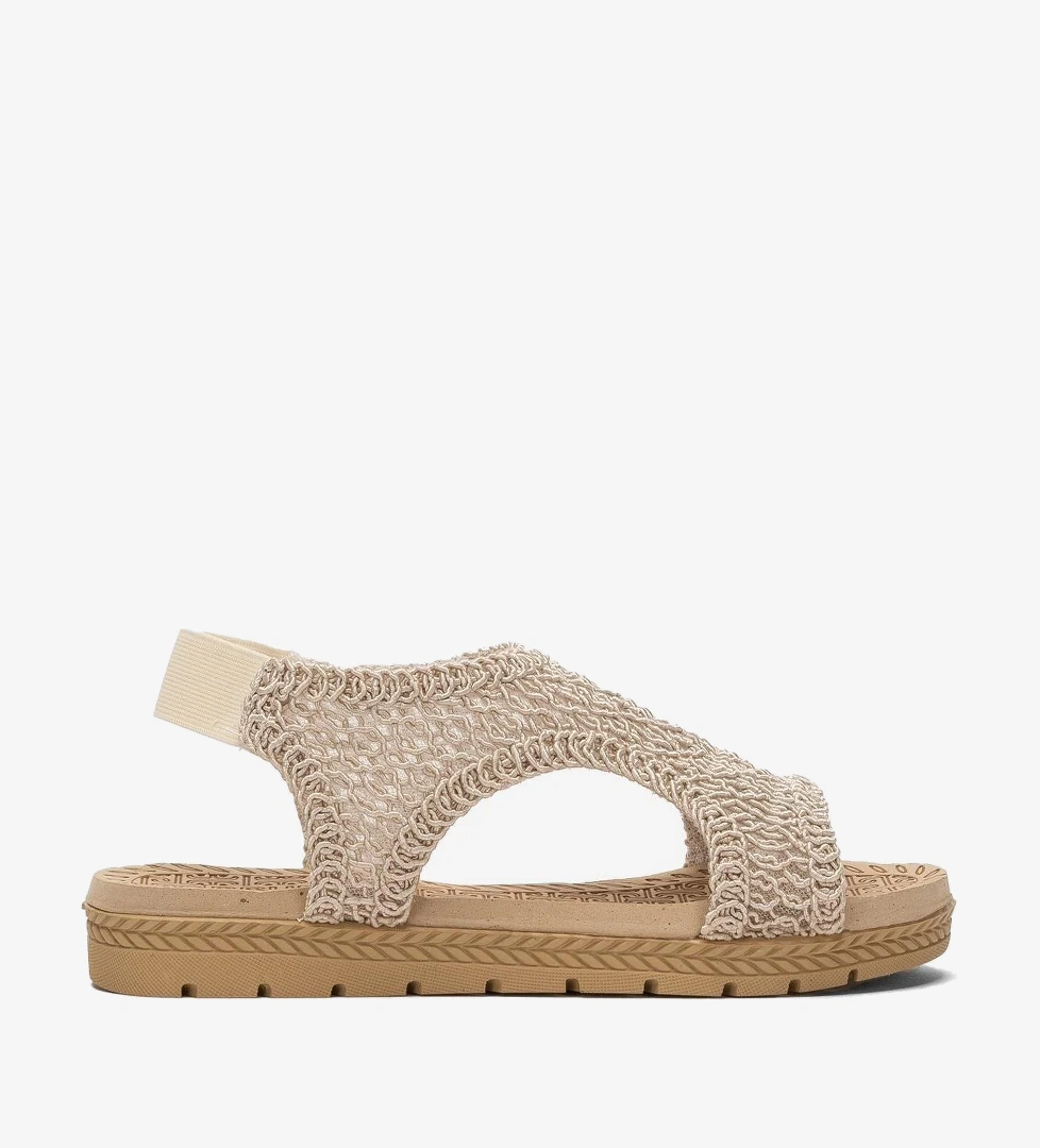 Kadın Önü Açık Örgü Desenli Lastikli Sandalet BEJ