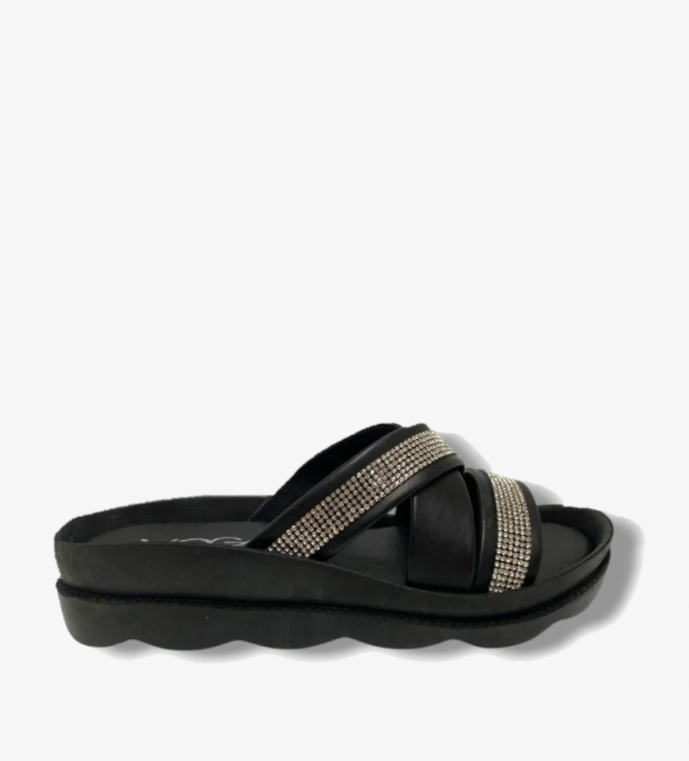 1700-179-25 Deri Anatomik Çapraz 3 Bant Taşlı Kadın Terlik - Görsel 1