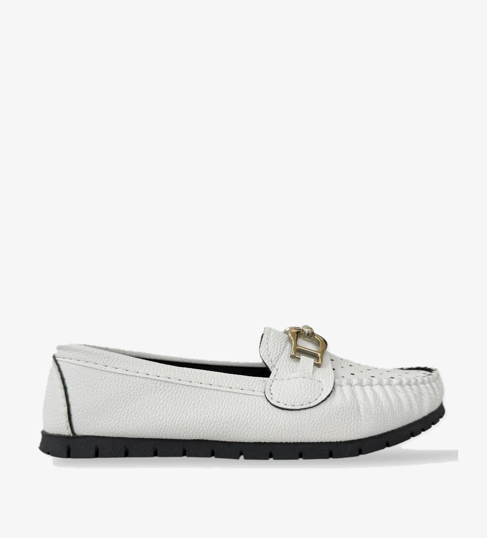 Kadın Delikli Tokalı Babet Ayakkabı BEYAZ - ALTIN