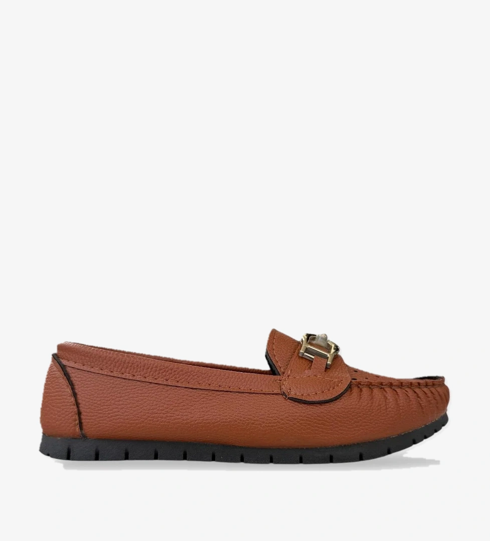 Liger Kadın Delikli Tokalı Babet Ayakkabı Beyaz Taba - Altin model görseli