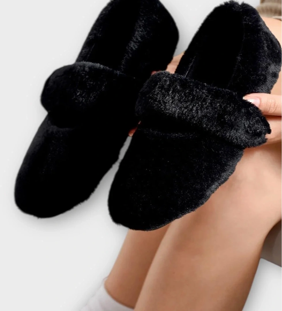 Tüylü Tek Kemer Cırtlı Panduf Kadın Ev Babeti SİYAH - Görsel 1