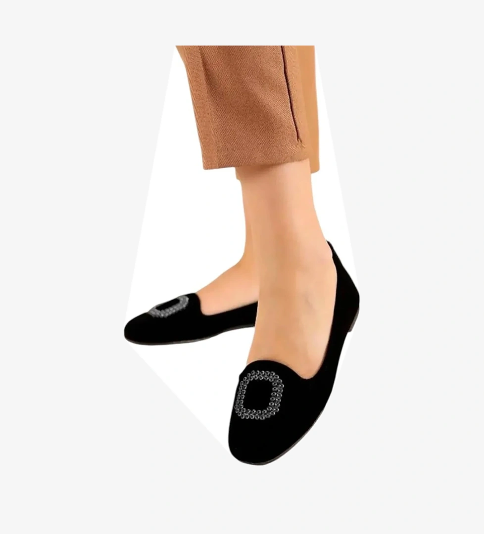 Kadın Taşlı Tokalı Süet Babet SİYAH - SİYAH