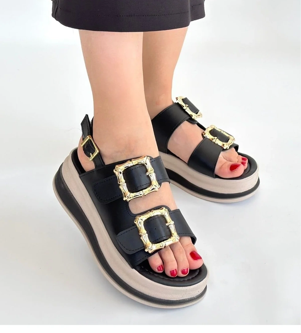 Siyah Suni Deri Kadın Düz Sandalet - Görsel 1