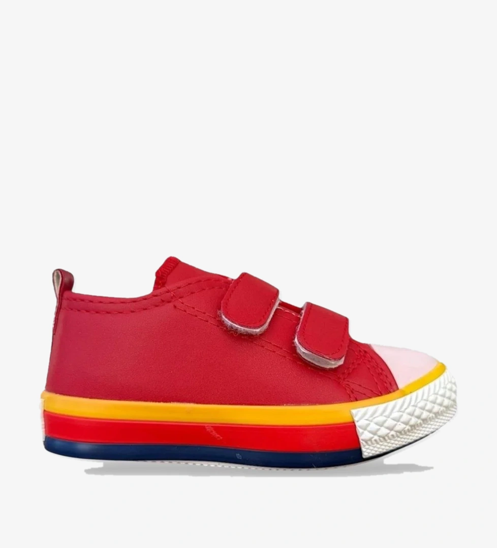 Unisex Çocuk Keten Kısa Convers Modeli Cırtlı Sneaker Spor Ayakkabı (26-30) KIRMIZI - BEYAZ - Görsel 1