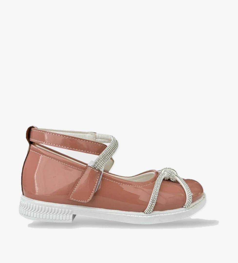Hafif Taban Cırtlı Taşlı Kız Çocuk Babet Ayakkabı PUDRA
