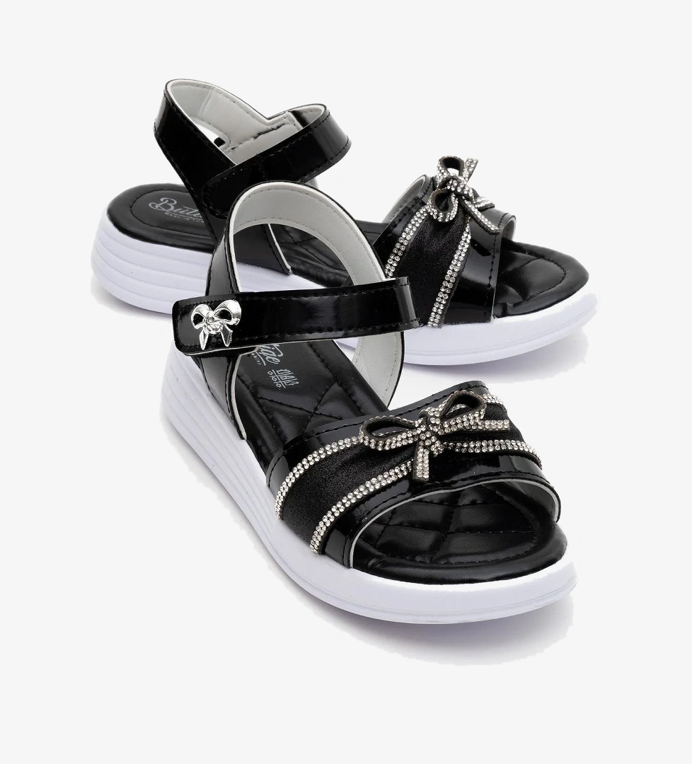 Çocuk Taşlı Cırtlı Sandalet SİYAH - Görsel 1