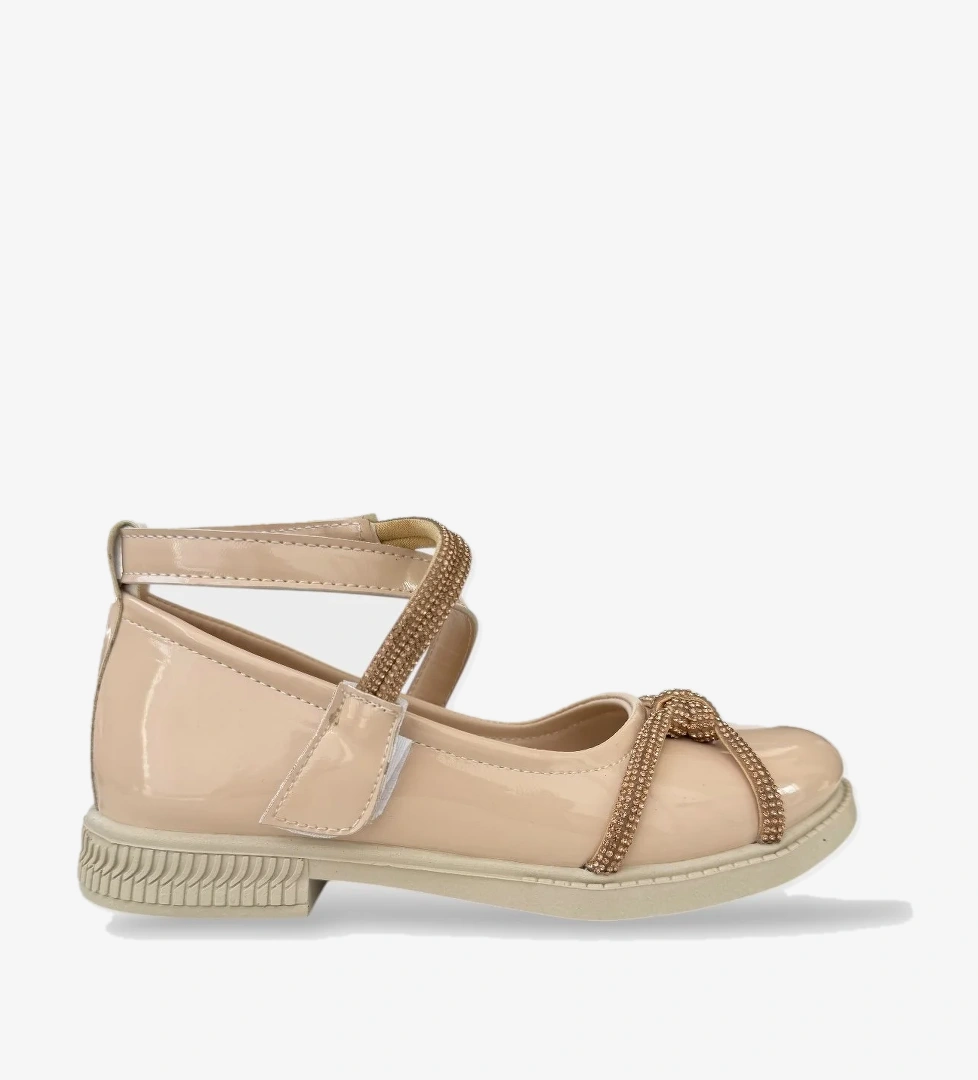 Hafif Taban Cırtlı Taşlı Kız Çocuk Babet Ayakkabı BEJ