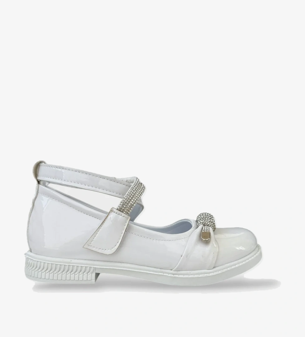 Hafif Taban Cırtlı Taşlı Kız Çocuk Babet Ayakkabı BEYAZ