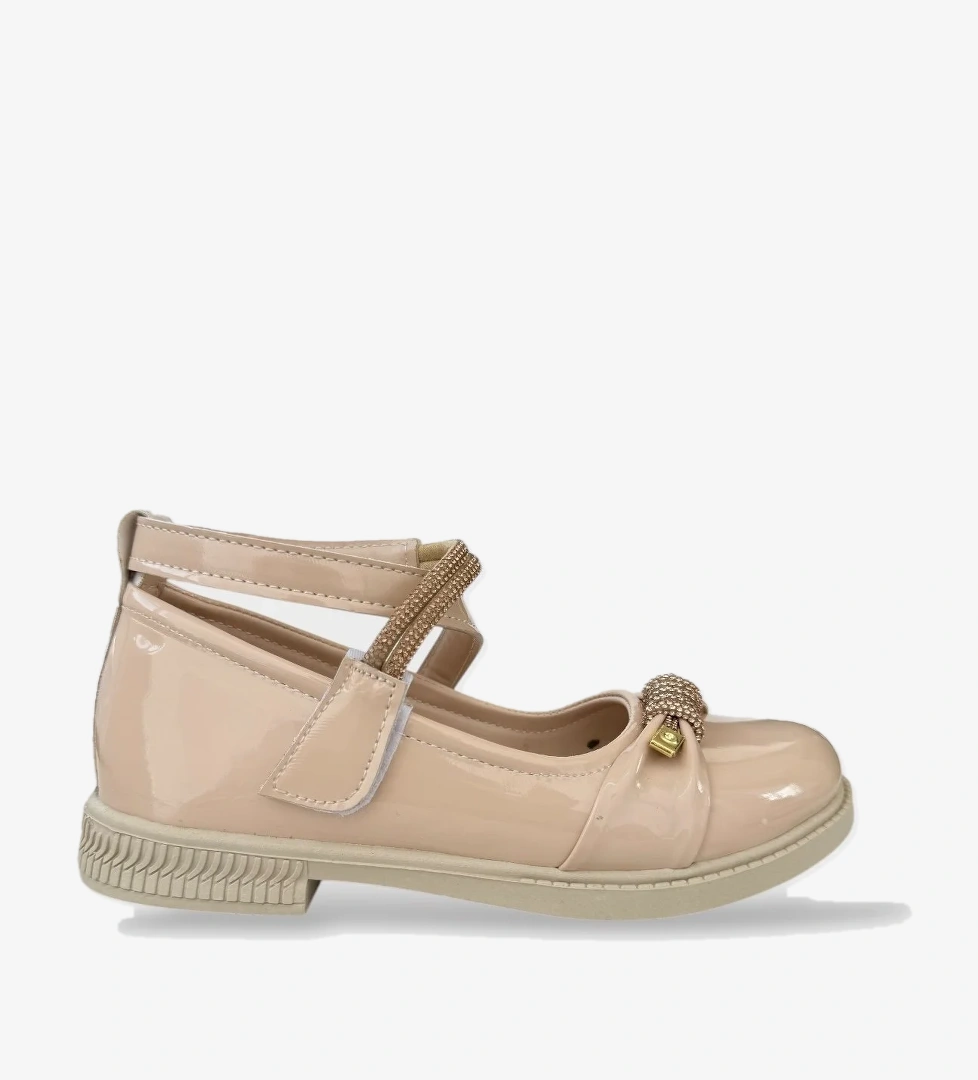 Hafif Taban Cırtlı Taşlı Kız Çocuk Babet Ayakkabı BEJ