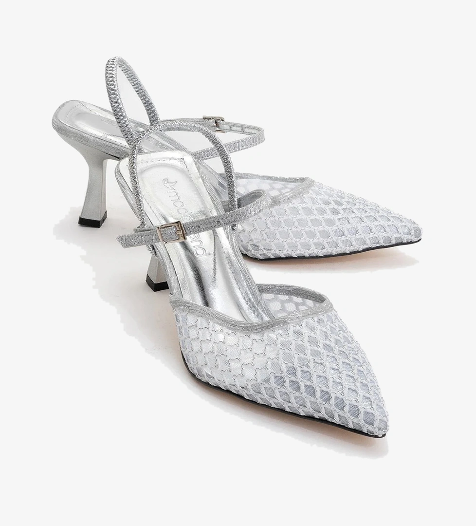 Kadın Arkası Lastikli Fileli Topuklu Ayakkabı GÜMÜŞ