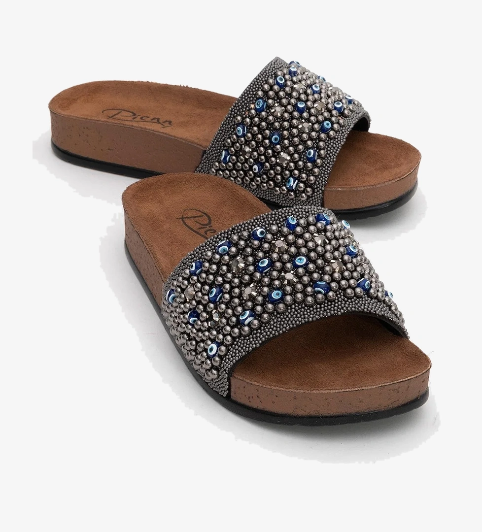 Kadın Boncuklu Düz Terlik FÜME