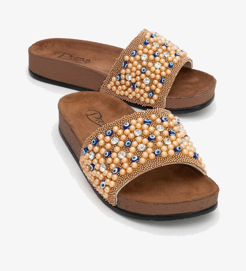 Kadın Boncuklu Düz Terlik BRONZ - Görsel 1