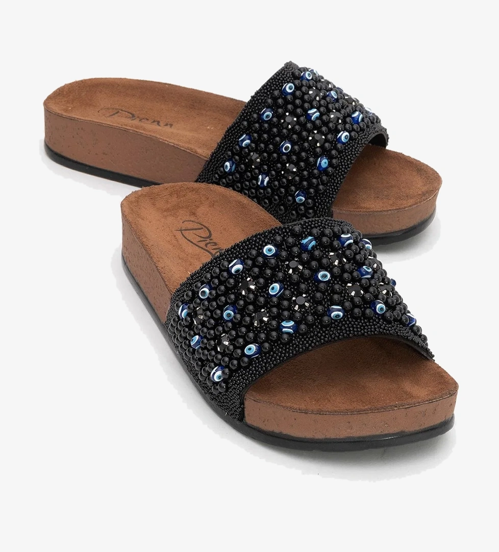 Kadın Boncuklu Düz Terlik SİYAH