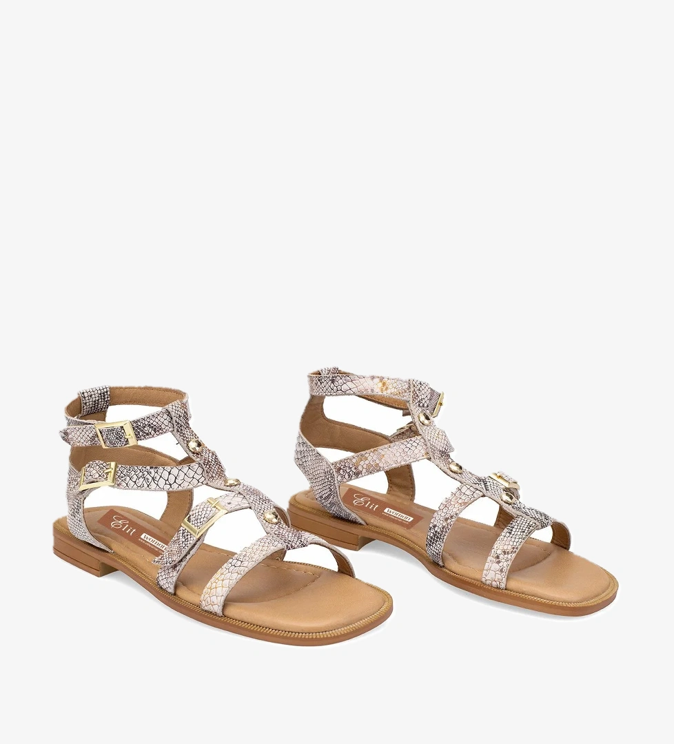 Elit Talia Kadın Hakiki Deri Düz Sandalet Bej