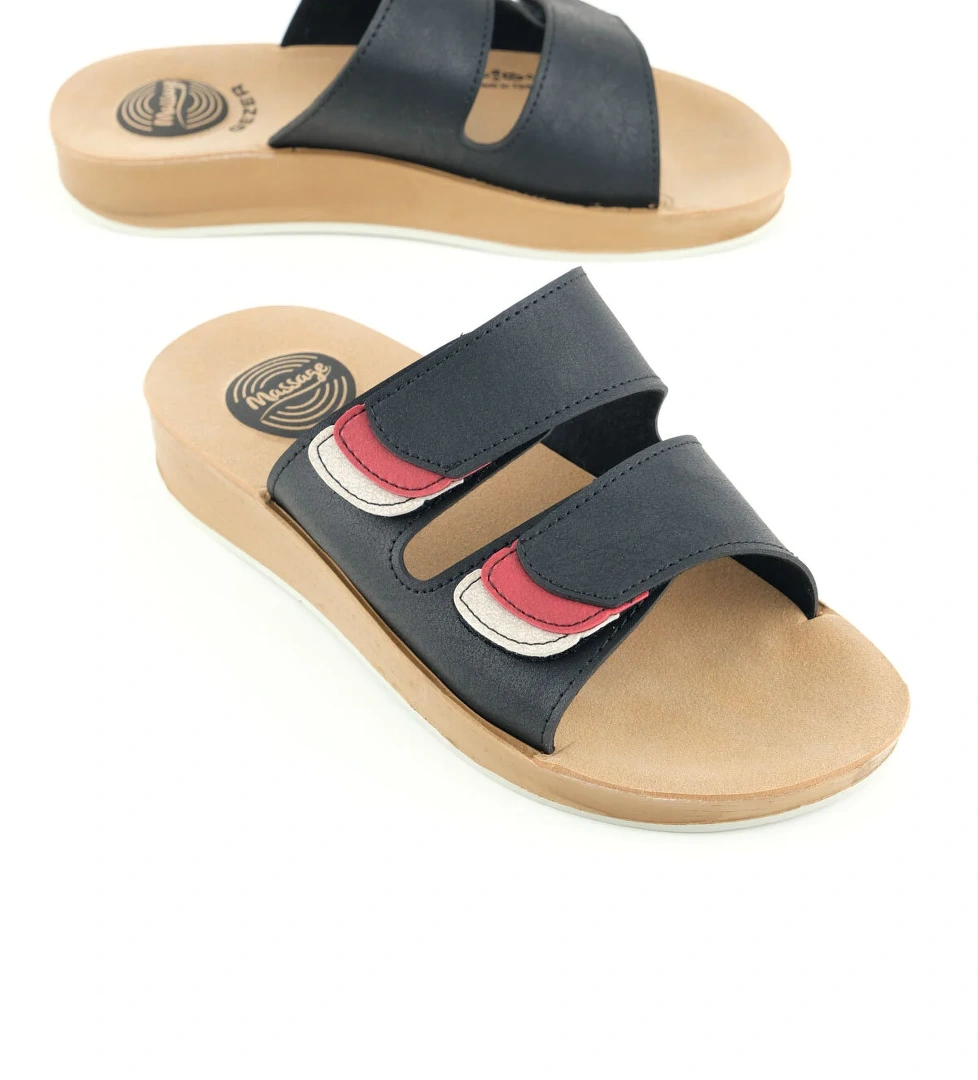 Kadın Yazlık Alt Taban PU Suni Deri Çift Cırt Cırtlı Ayarlanabilir Rahat Masaj Taban Günlük Terlik - Görsel 1