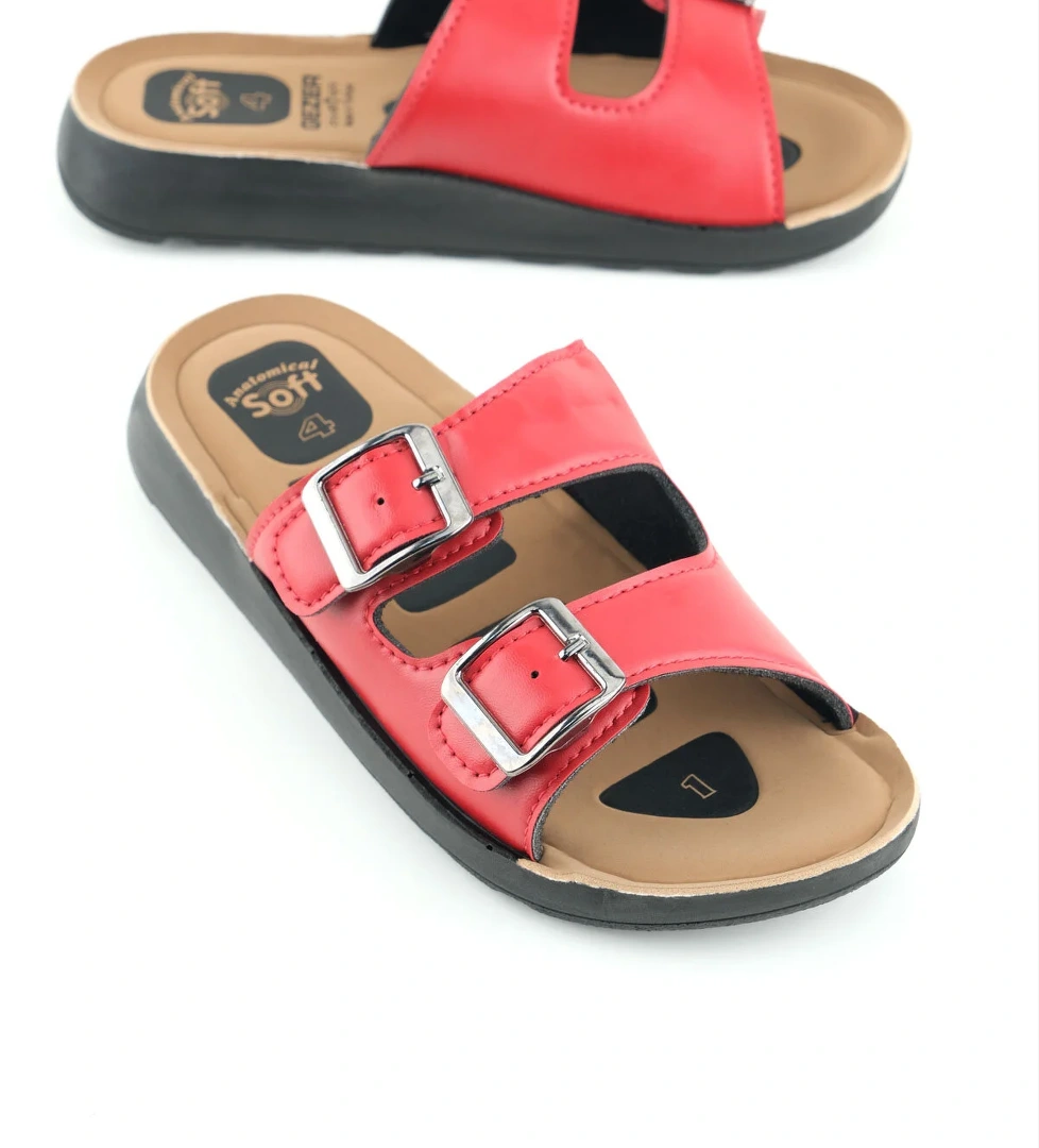 Kadın Yazlık PU Alt Taban Suni Deri İki Toka Ayarlanabilir İç Taban Anatomical Dört Nokta Yastıklı Rahat Günlük Terlik - Görsel 1