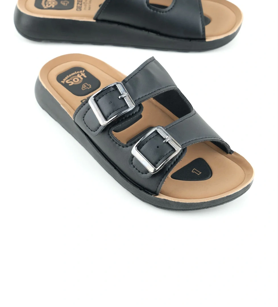 Kadın Yazlık PU Alt Taban Suni Deri İki Toka Ayarlanabilir İç Taban Anatomical Dört Nokta Yastıklı Rahat Günlük Terlik - Görsel 1