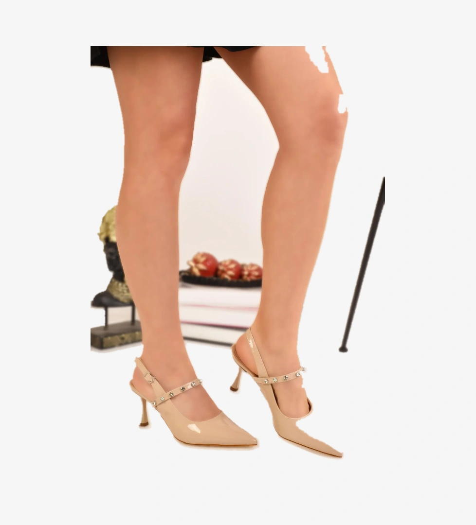 Kadın Arkası Açık Sivri Burun Klasik Topuklu Taşlı Sandalet Ayakkabı - Görsel 1