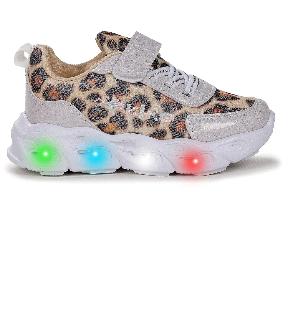 Teno Leopar Desenli Cırtlı Işıklı Kız Bebek Spor Ayakkabı Beyaz