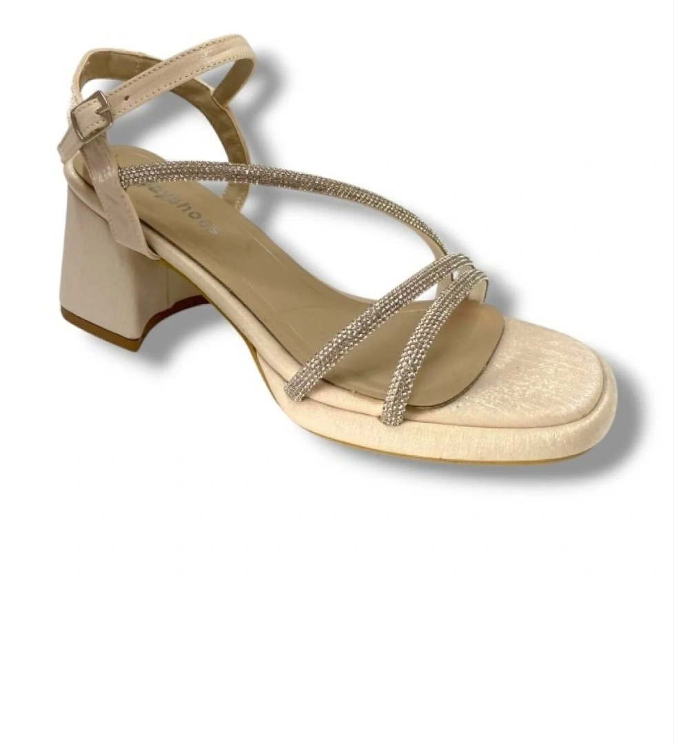 488-25 Saten Kare Topuk Taşlı Kadın Sandalet