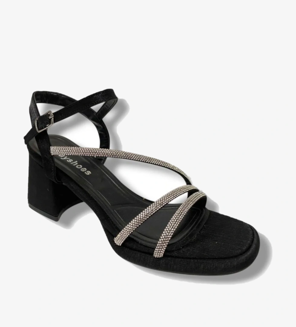 488-25 Saten Kare Topuk Taşlı Kadın Sandalet