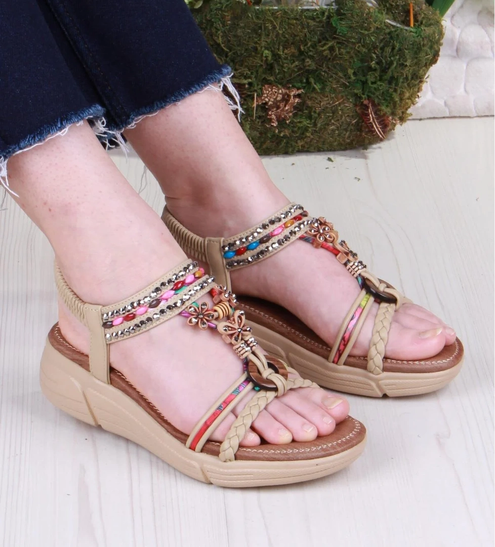 Rüya Anatomik Rahat Taban Taşlı Boncuklu Lastikli Kadın Sandalet - Görsel 1