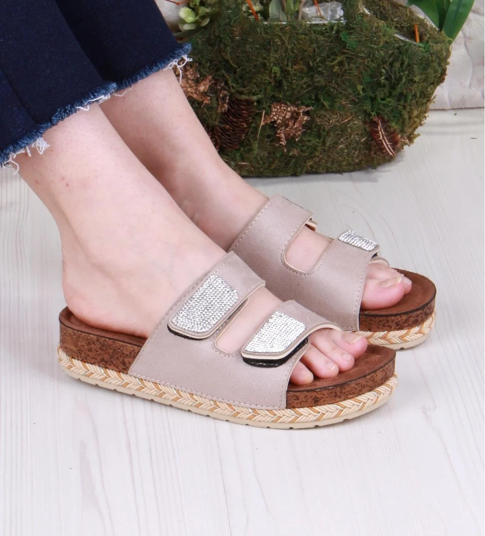 Pienn 20064 Anatomik Rahat Taşlı Çift Bantlı Cırtlı Kadın Terlik