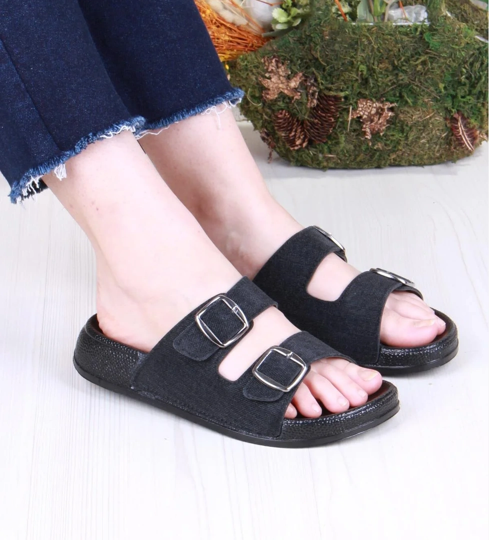 01108 Pienn Anatomik Esnek Rahat Simli Baskılı İki Tokalı Kadın Terlik