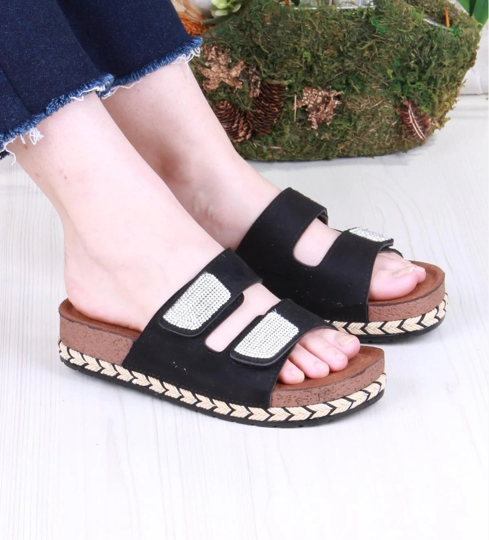 Pienn 20064 Anatomik Rahat Taşlı Çift Bantlı Cırtlı Kadın Terlik - Görsel 1