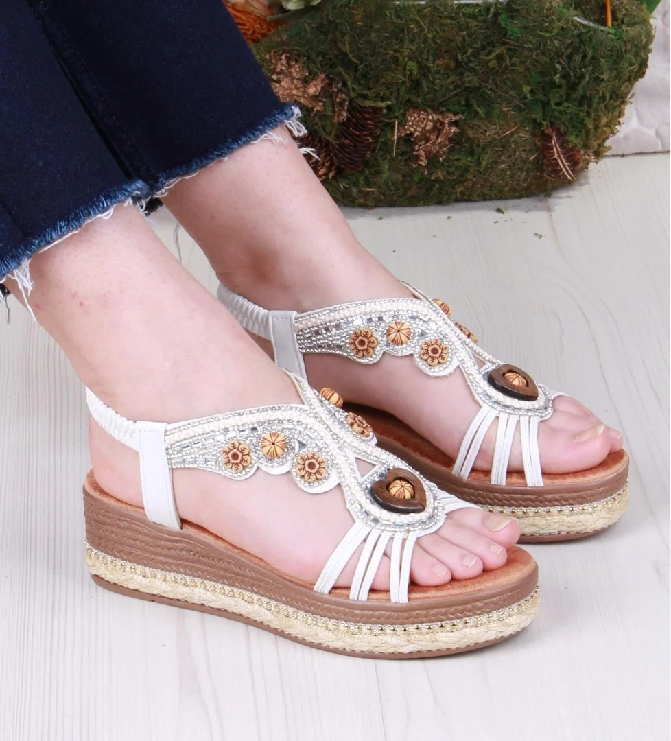 Gizem Anatomik Rahat Taban Taşlı Boncuklu Lastikli Kadın Sandalet