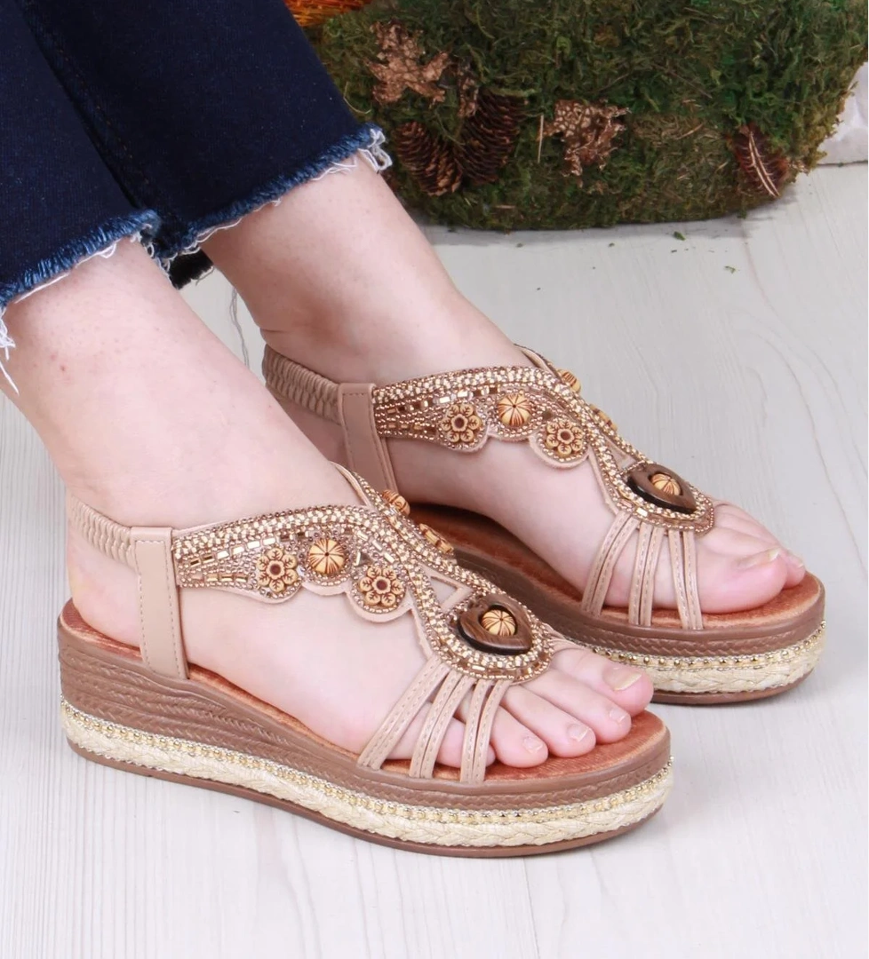 Gizem Anatomik Rahat Taban Taşlı Boncuklu Lastikli Kadın Sandalet