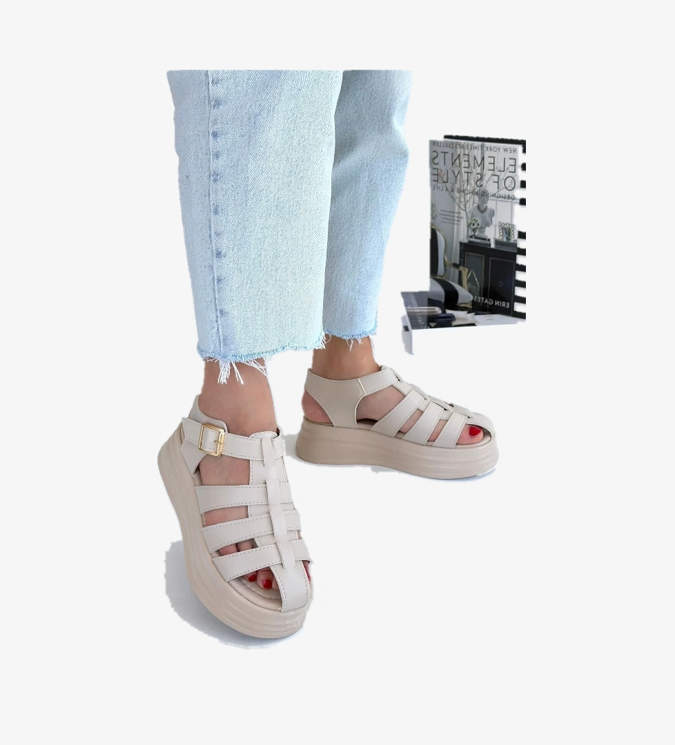 Pabucmarketi Bej Suni Deri Kemerli Kadın Düz Sandalet model görseli