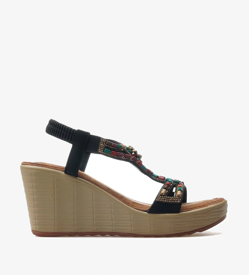 Kadın Taş Detaylı Dolgu Topuklu Günlük Sandalet 25y 25y155-2 Z Siyah