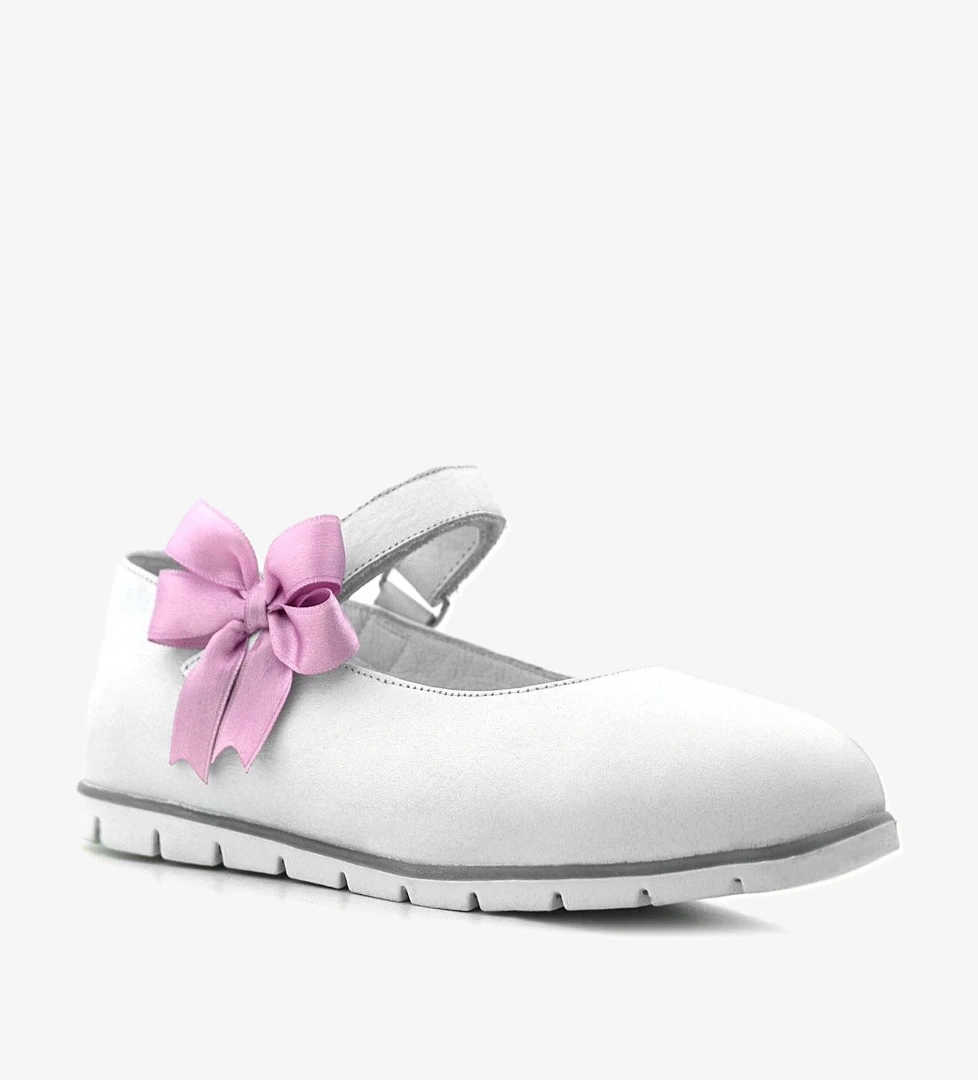 Hakiki Deri Beyaz Cırtlı Pembe Kurdeleli Kız Çocuk Babet - Görsel 1