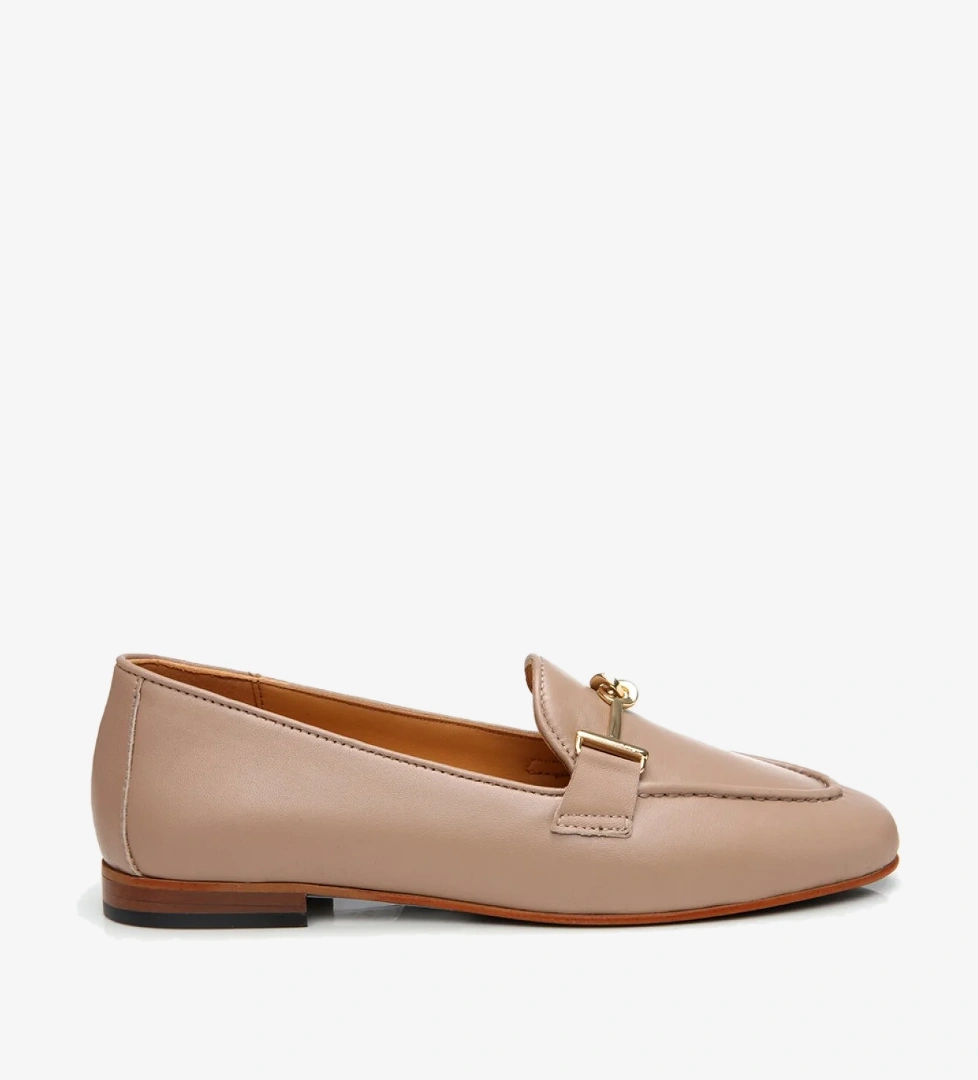 Kadın Deri Bej Tokalı Klasik Loafer