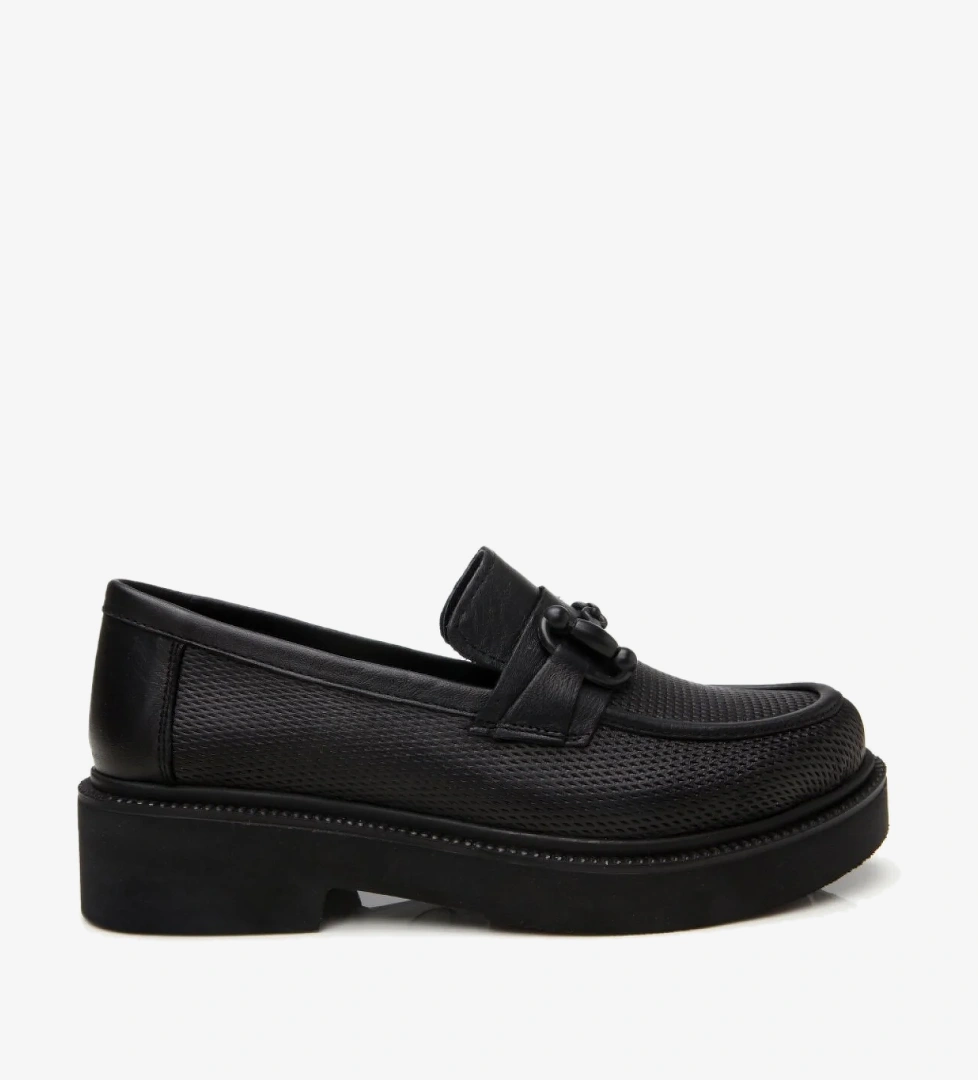 Kadın Deri Siyah Tokalı Klasik Loafer - Görsel 1