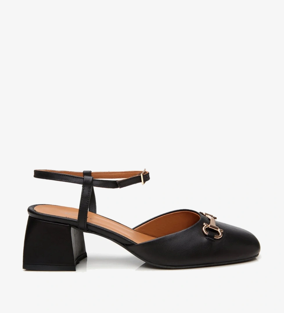 Kadın Deri Siyah Tokalı Kalın Topuklu Ayakkabı