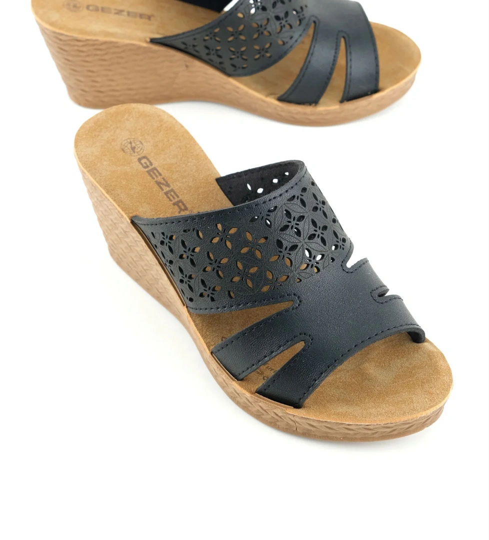 Kadın Yazlık Suni Deri Rahat Taban Lazer Kesim Tasarım Yüksek Topuk Günlük Terlik - Görsel 1