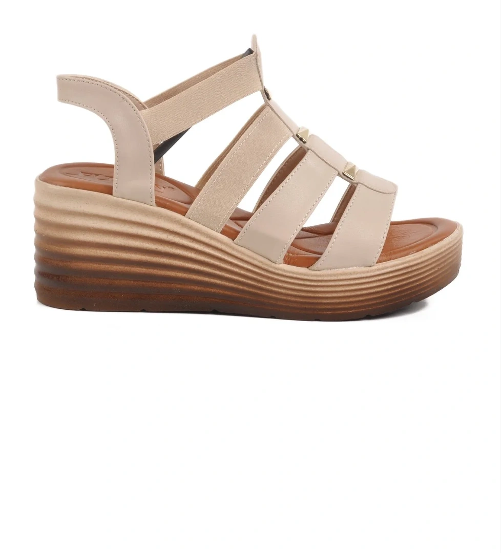 Bej Cırtlı Topuklu Kadın Sandalet T-001 Z - Görsel 1