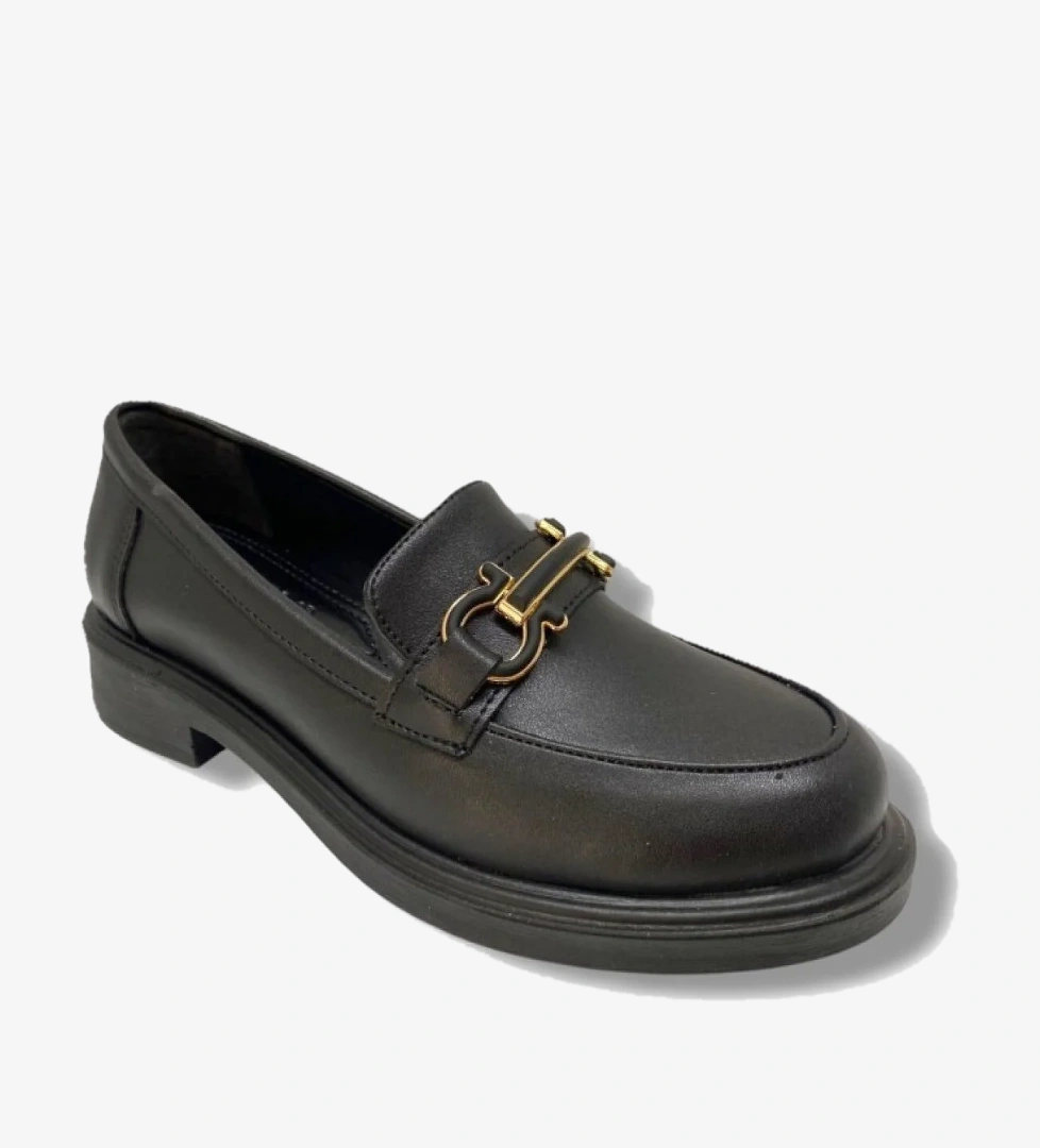 129-25 Deri Anatomik Şerit Tokalı Loafer Kadın Ayakkabı - Görsel 1