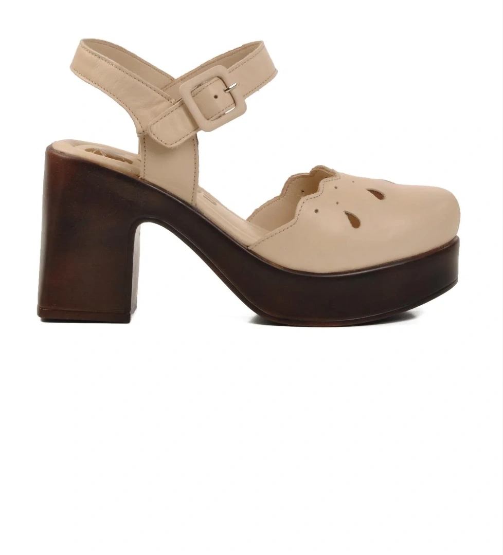 Bej Hakiki Deri Kadın Platform Topuk Sandalet 2217001Y Z