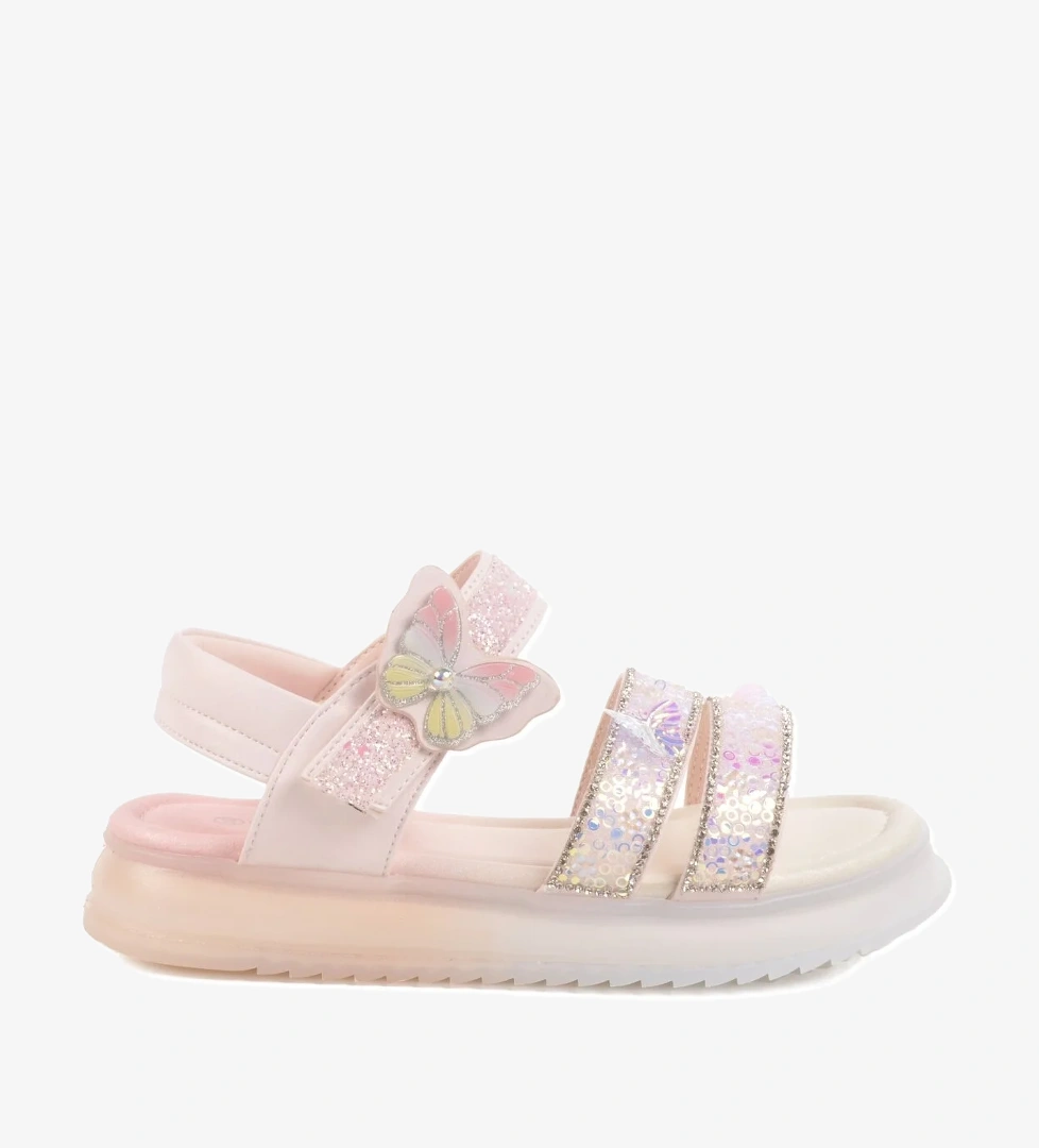 Pembe Cırtlı Taş İşlemli Kız Çocuk Sandalet 25Y600 F