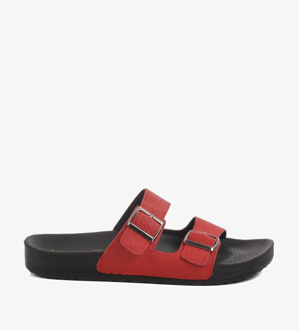 Aspor Kırmızı Çift Bantlı Kadın Düz Terlik