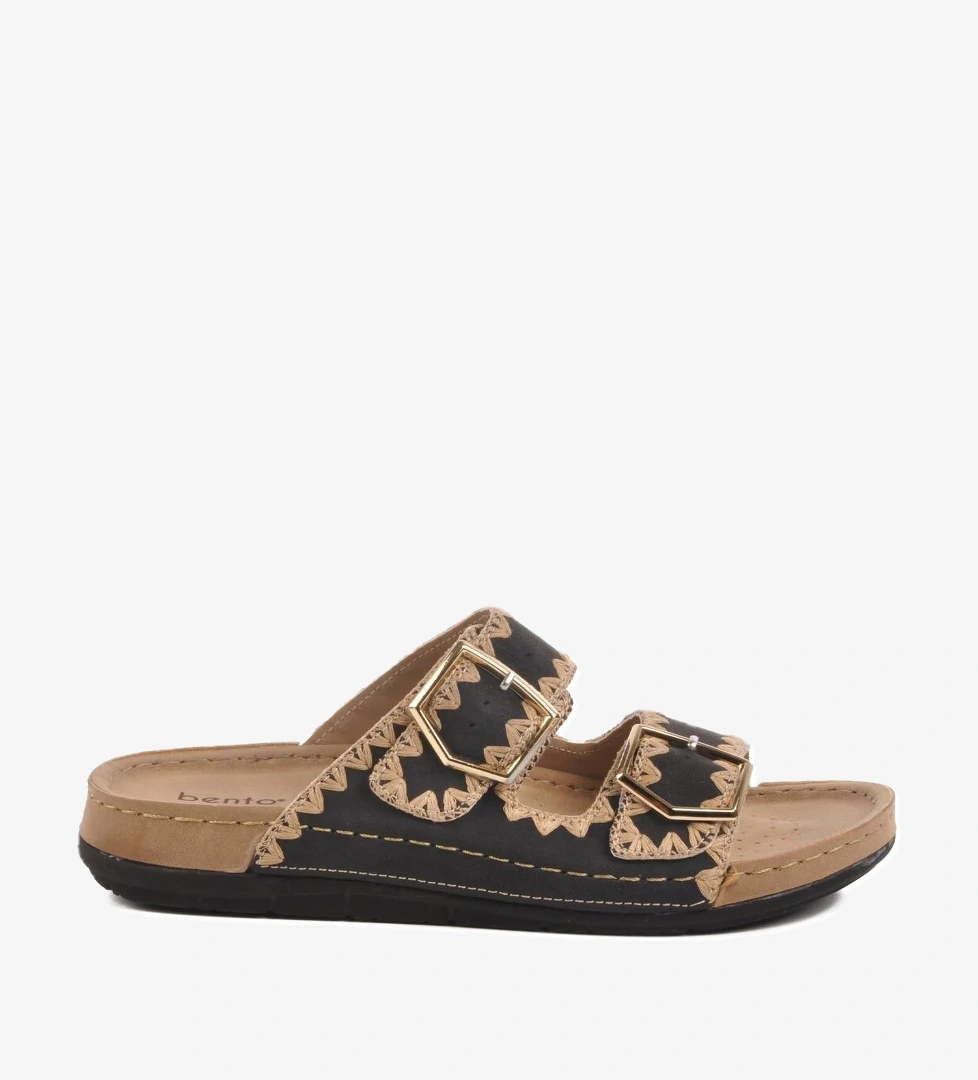 Aspor Siyah Anatomik Çift Bantlı Kadın Düz Terlik - Görsel 1