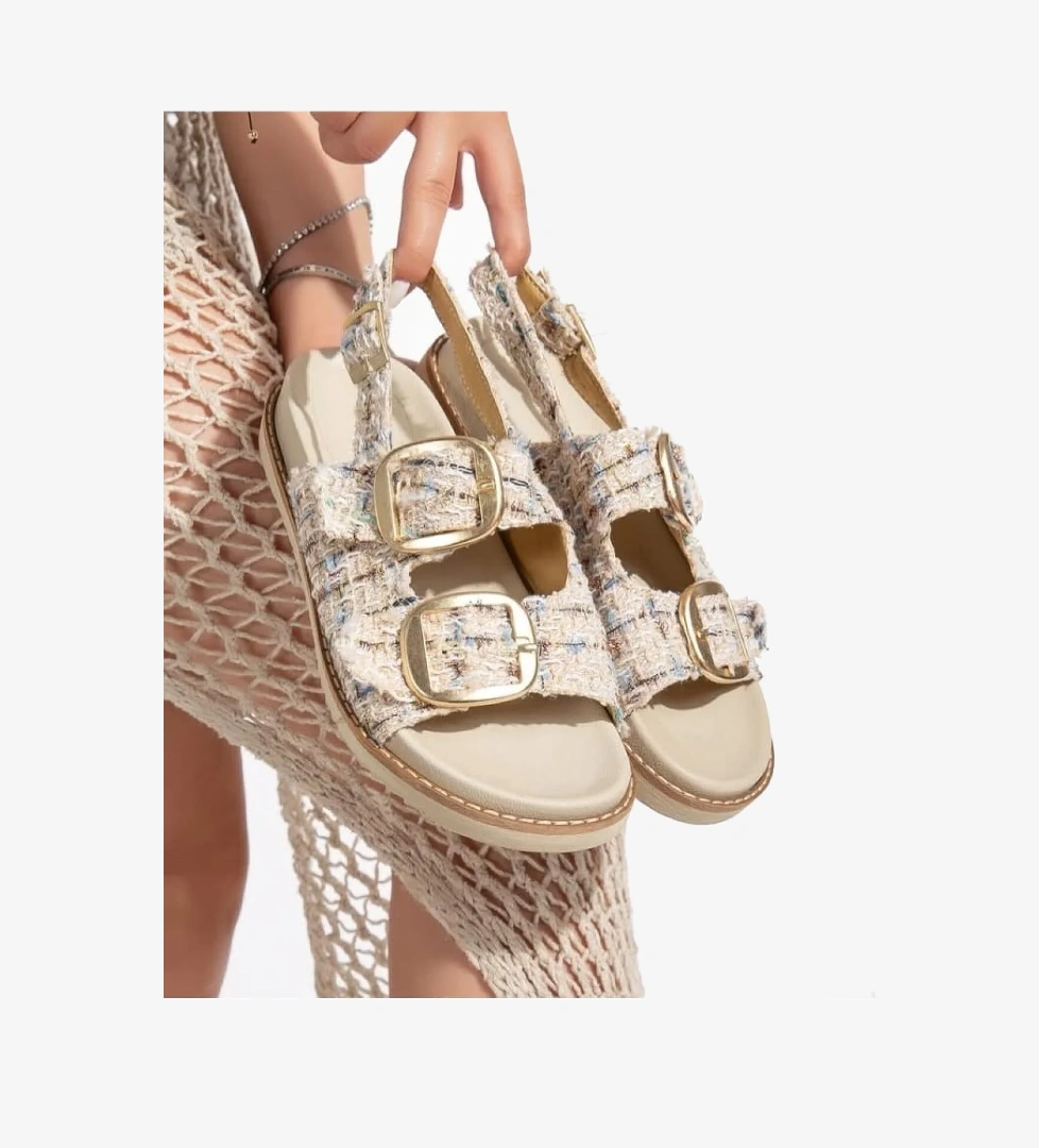 Pabucmarketi Simli Tekstil Kadın Düz Sandalet model görseli