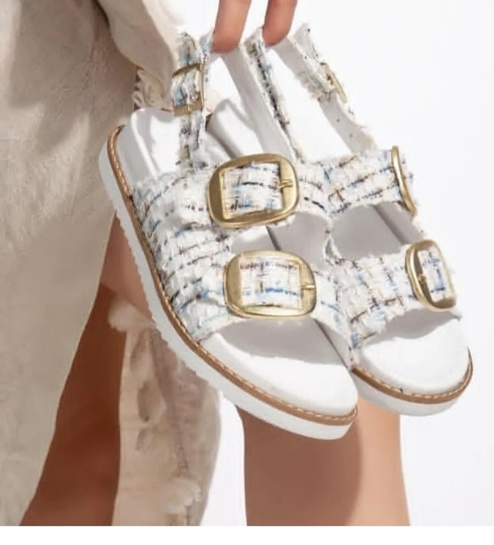 Beyaz Simli Tekstil Kadın Düz Sandalet