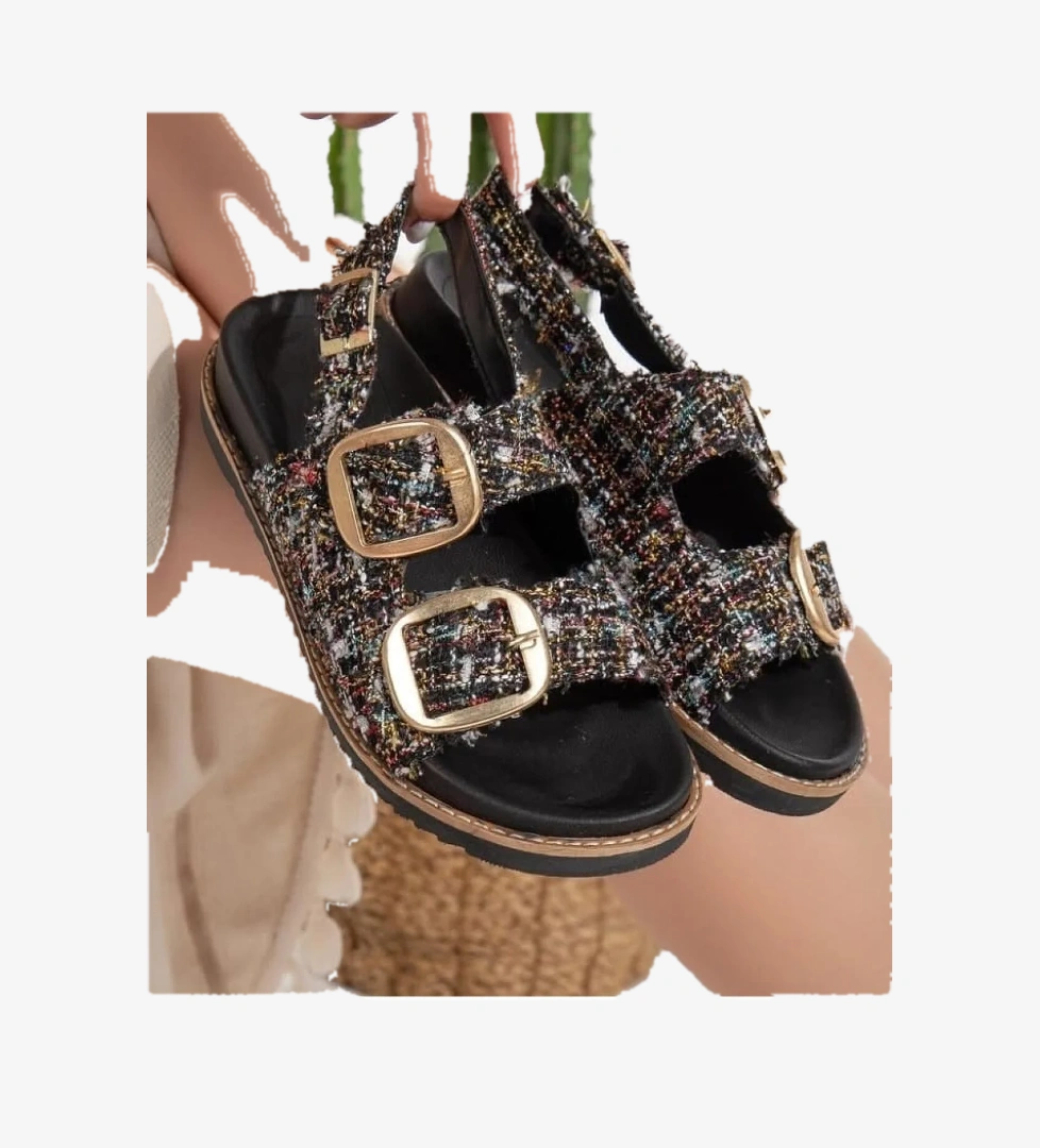 Siyah Simli Tekstil Kadın Düz Sandalet