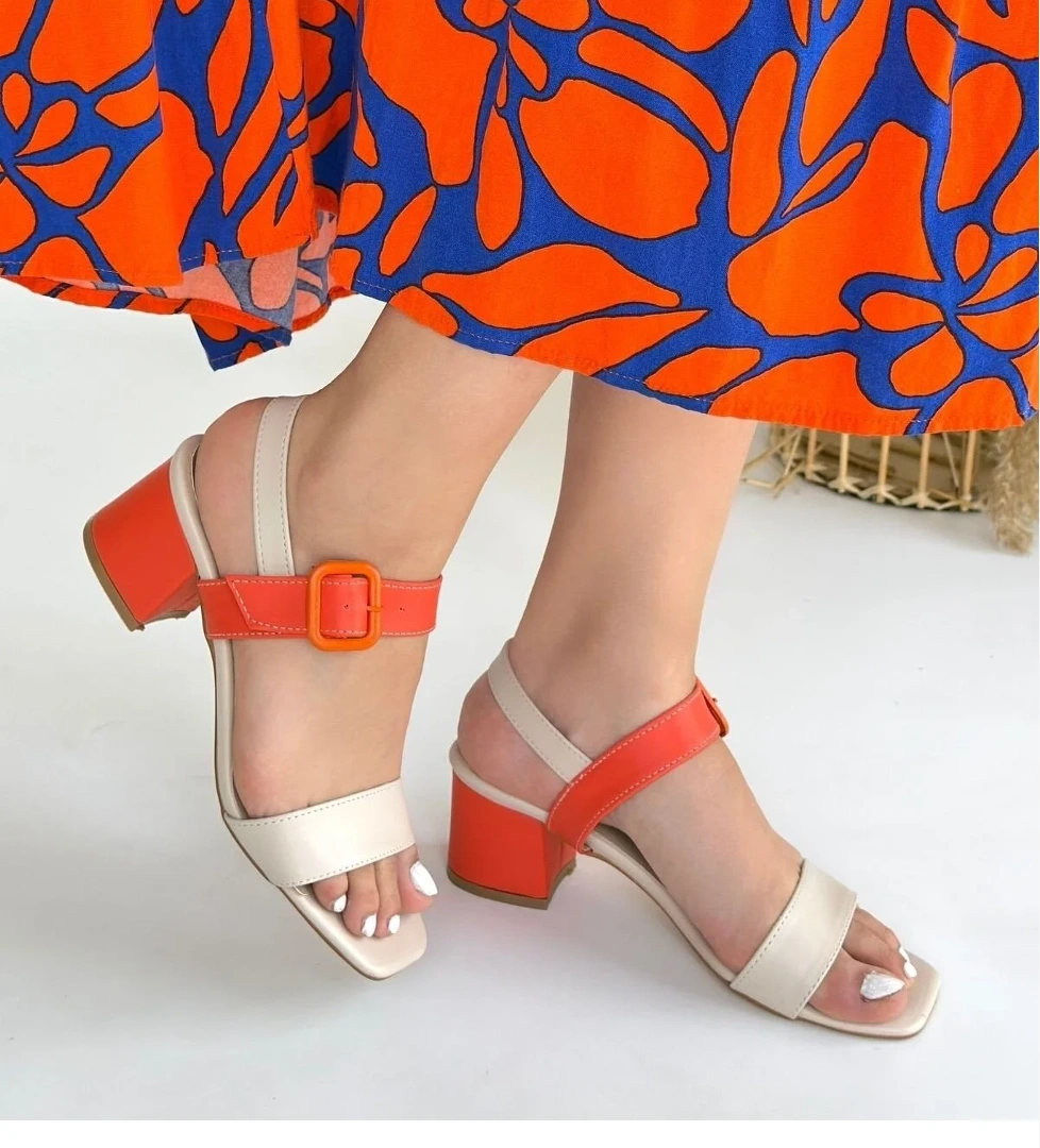 Bej Turuncu Kadın Topuklu Sandalet