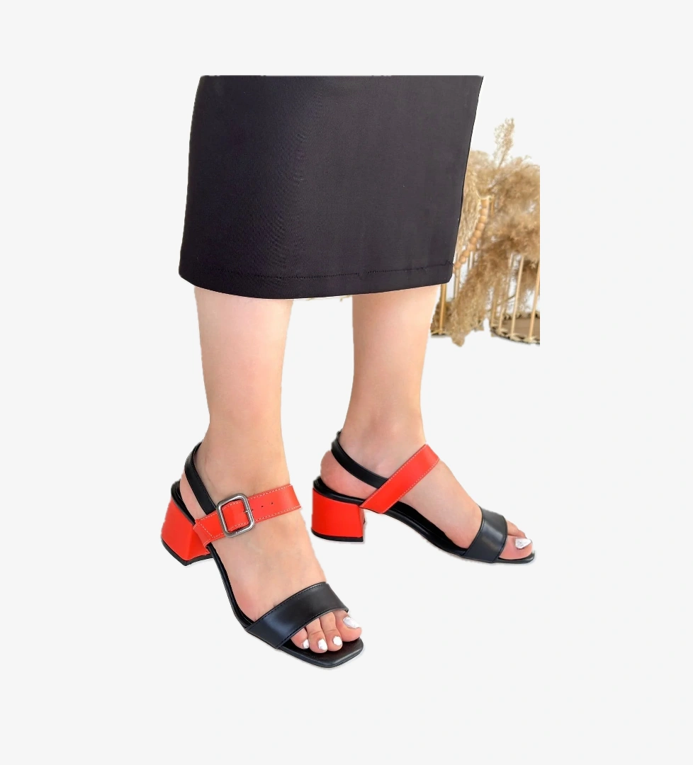 Siyah Turuncu Kadın Topuklu Sandalet
