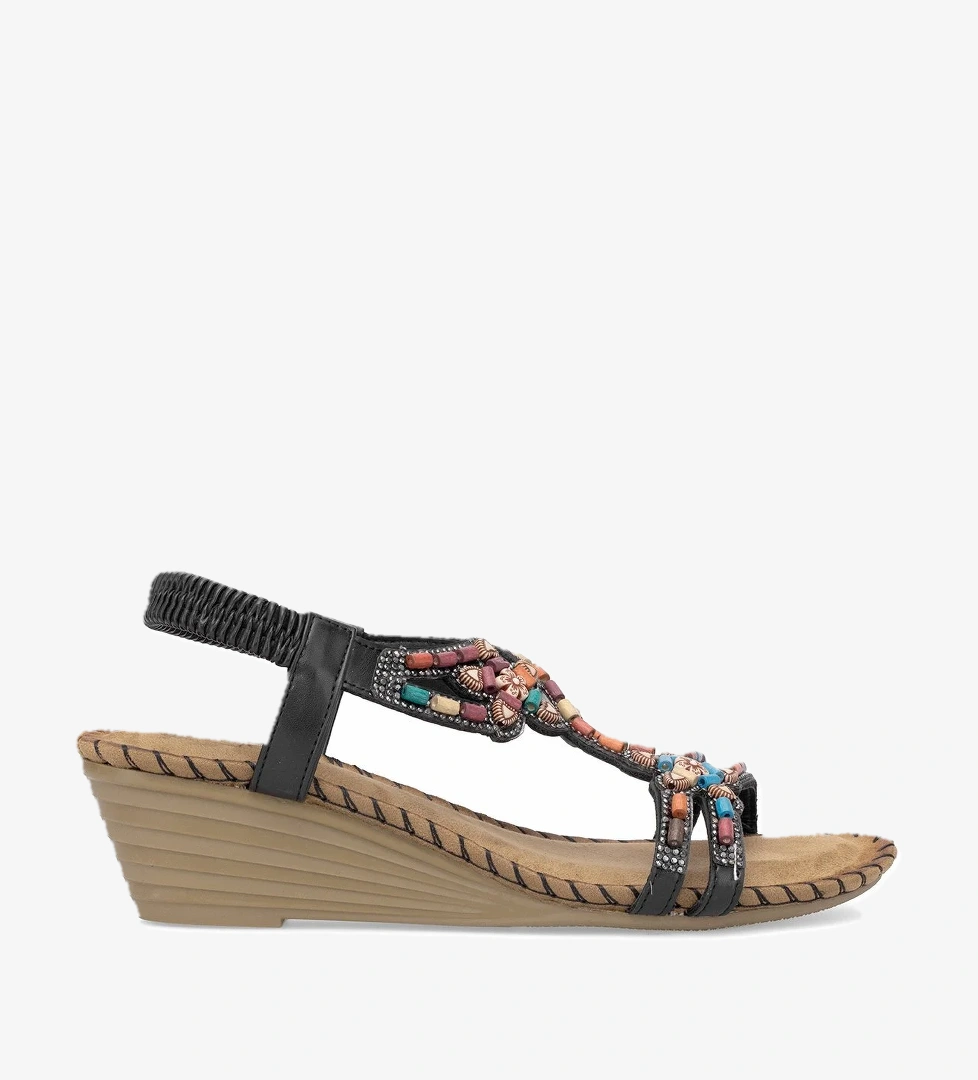 25Y151-6 Kadın Taşlı Dolgu Topuk Sandalet Siyah - Görsel 1